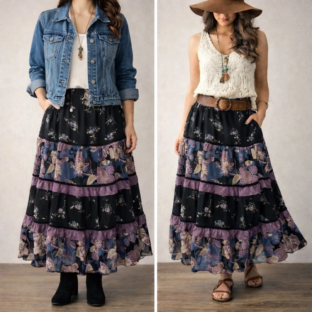 Black and Lavender Floral Maxi Skirt - Picture 1 of 11
